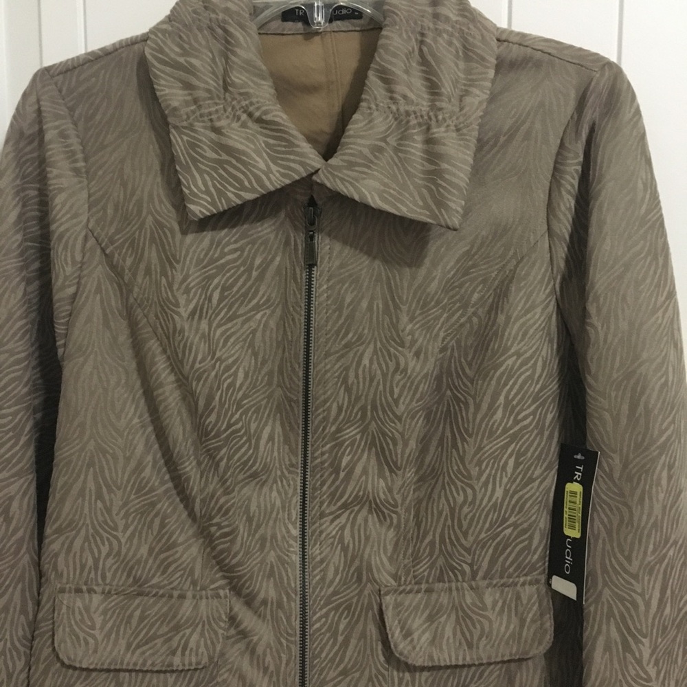 TRIBAL STUDIO Taupe Khaki brown microsuede print zip lightweight Jacket PS NEW